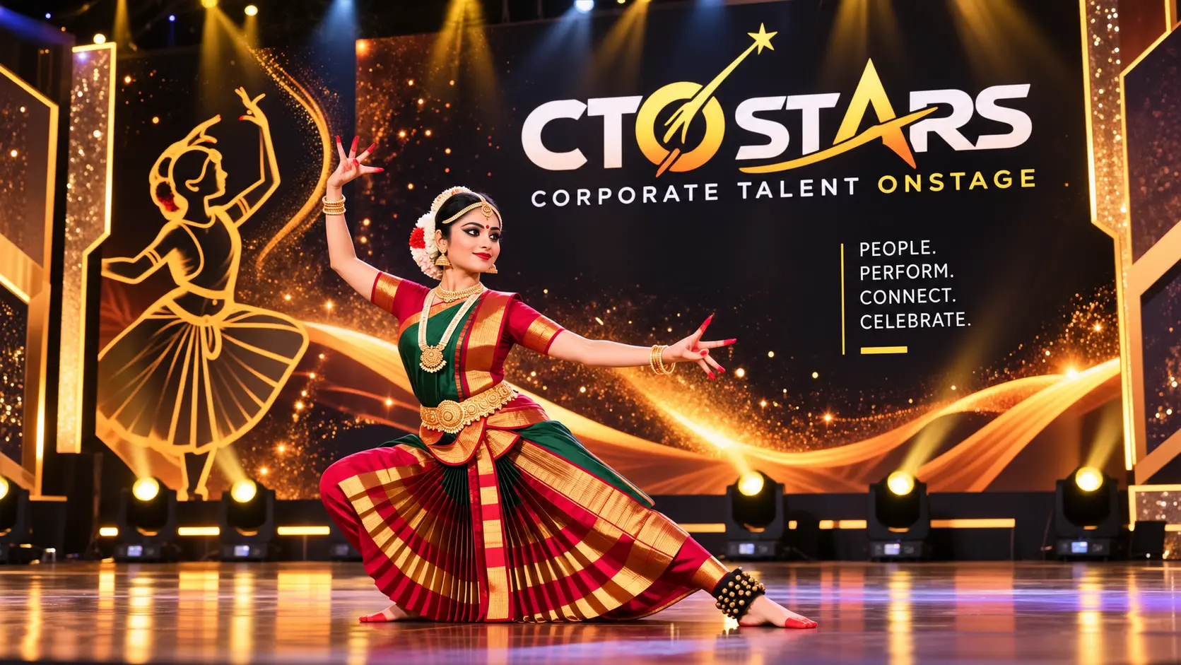 Corporate employee performing classical dance on a professional multi-location stage