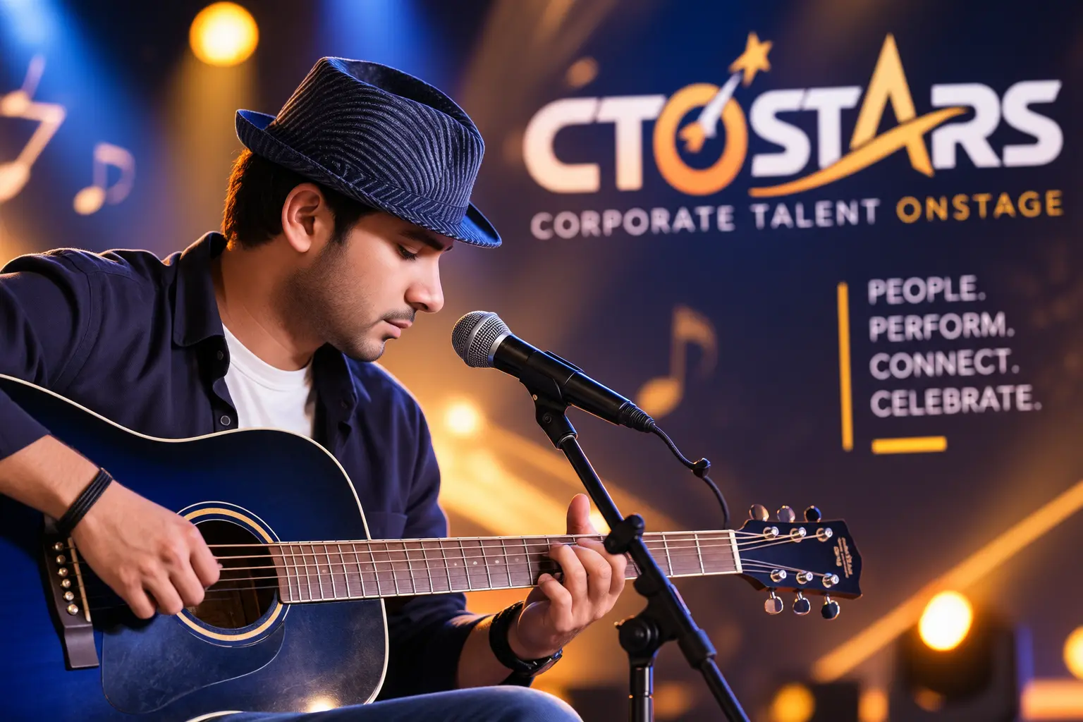 Employee guitarist performing an acoustic set on stage