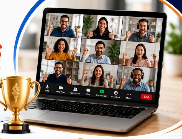 Remote colleagues celebrating together during a Virtual Team Olympics session
