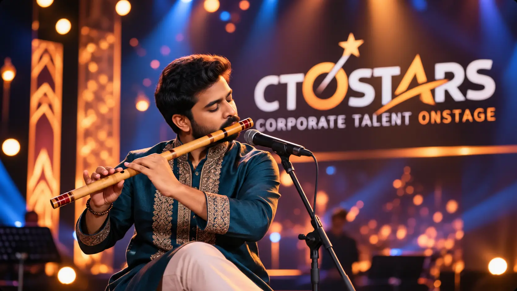 Employee musician performing flute live on stage