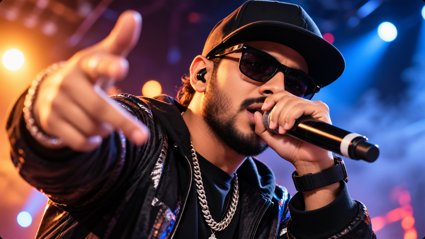 Corporate rapper performing live under colorful stage lights