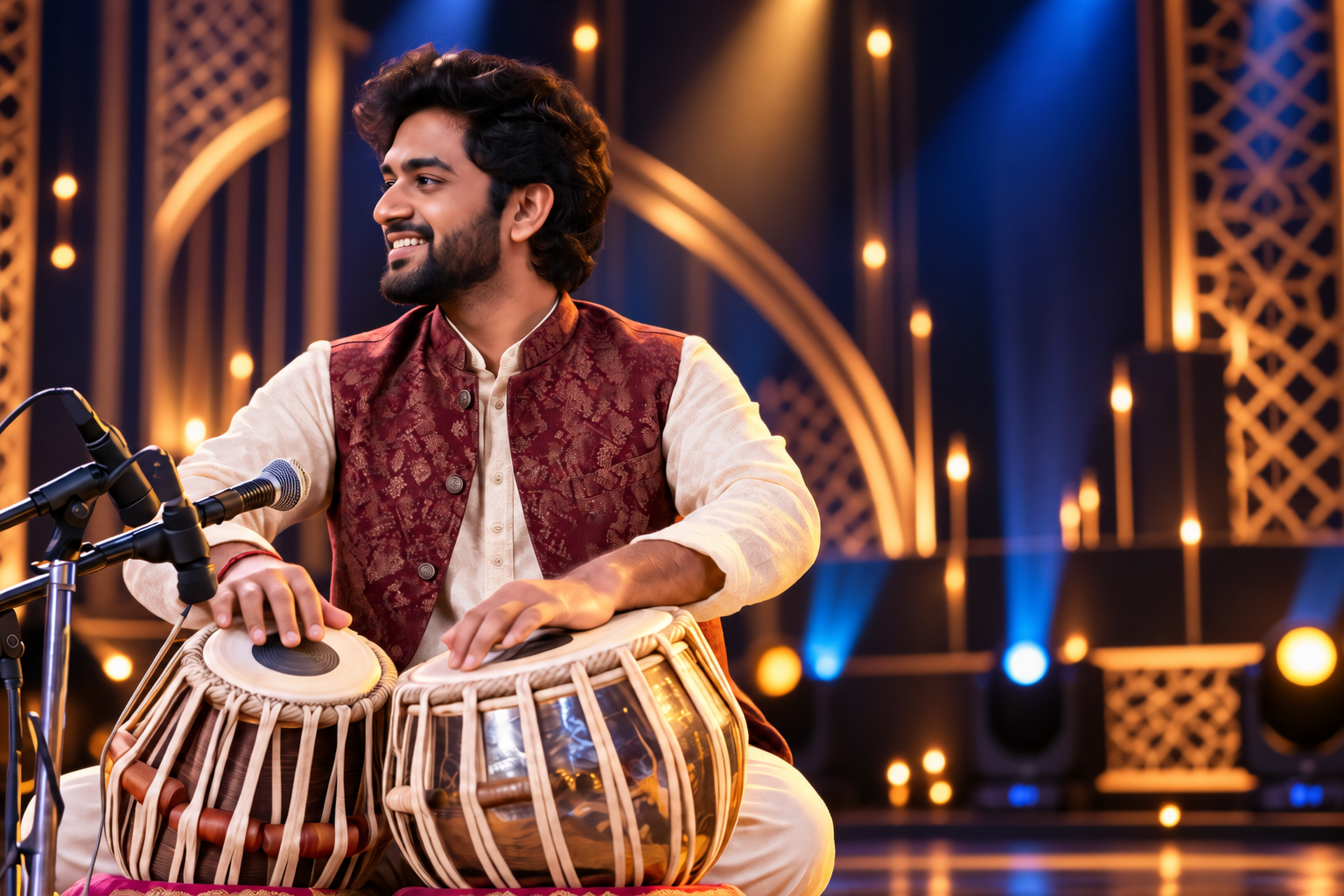 Corporate artist performing tabla live on stage