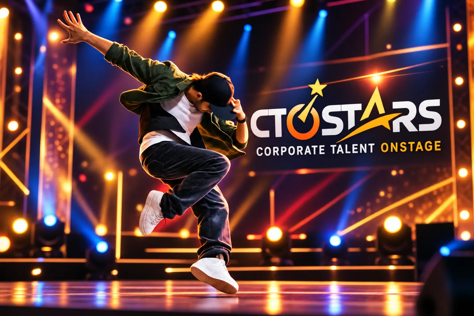 Employee performing an energetic urban dance routine